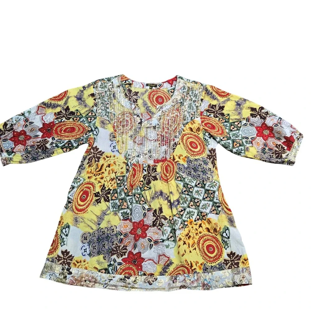 Globus Yellow Patchwork Sequin Embellished Tunic Top Kurti XL Boho V-Neck
